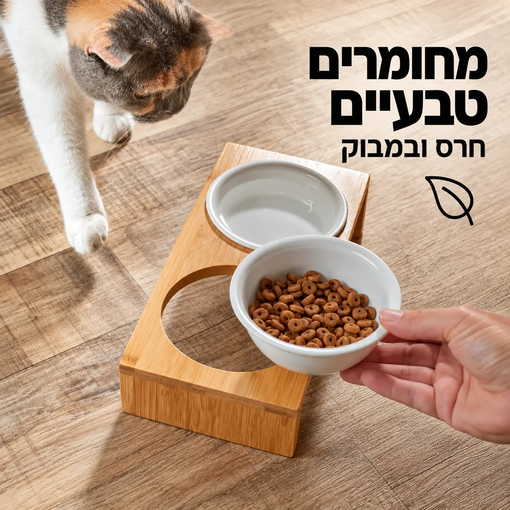 חתול ליד זוג קערות מייפל לבנות ומעמד במבוק. מחומרים טבעיים, חרס ובמבוק.